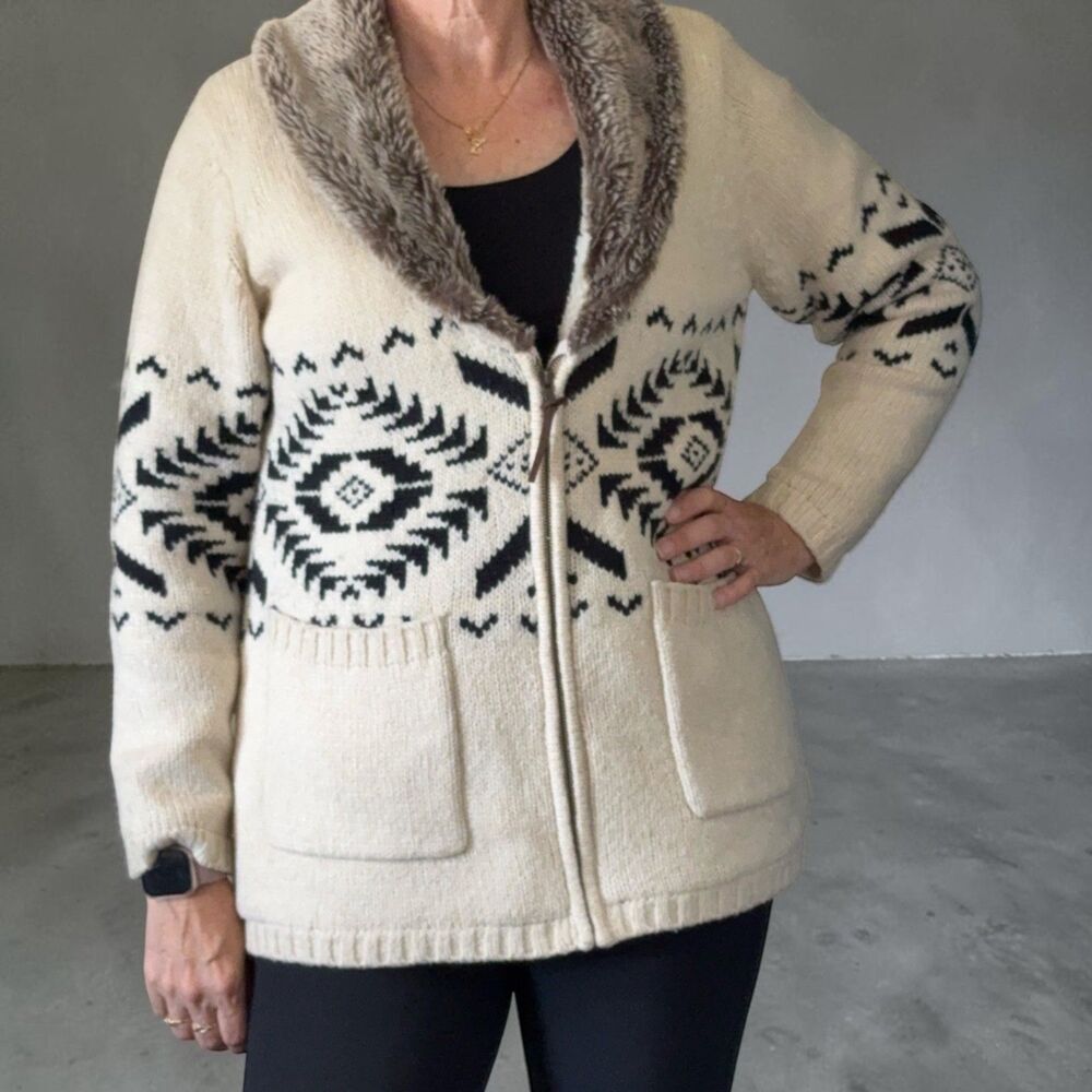 Bob Timberlake Vtg Lg  Nordic Wool Blend Full Zip Cardigan Faux Fur Shawl Collar